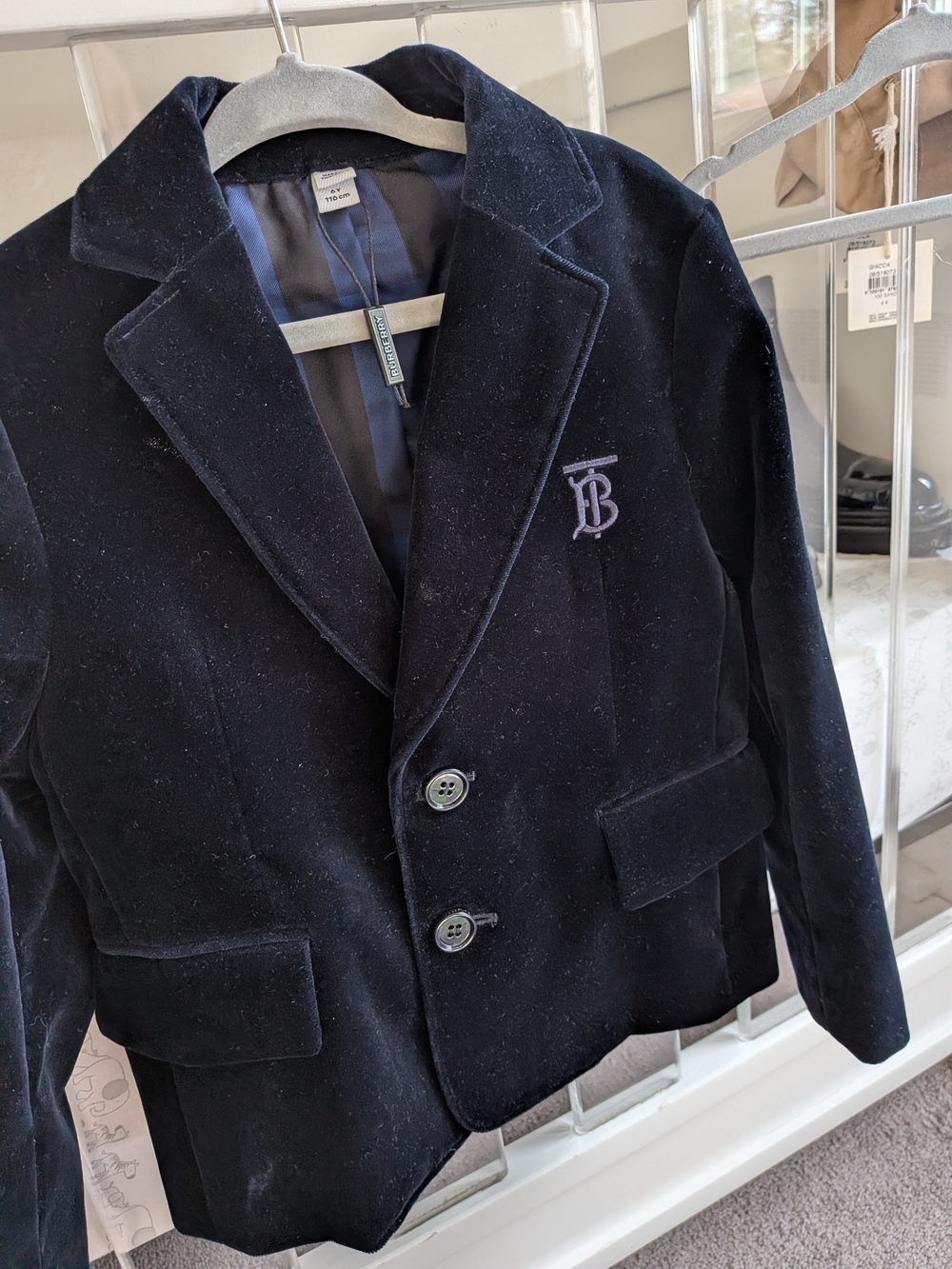 Burberry Kids Navy Velvet Blazer with TB Monogram